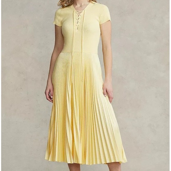 Polo Ralph Lauren Dresses & Skirts - Polo Ralph Lauren Womens Dress 4 Pleat Fit Flare Short Sleeve Midi Butter Yellow